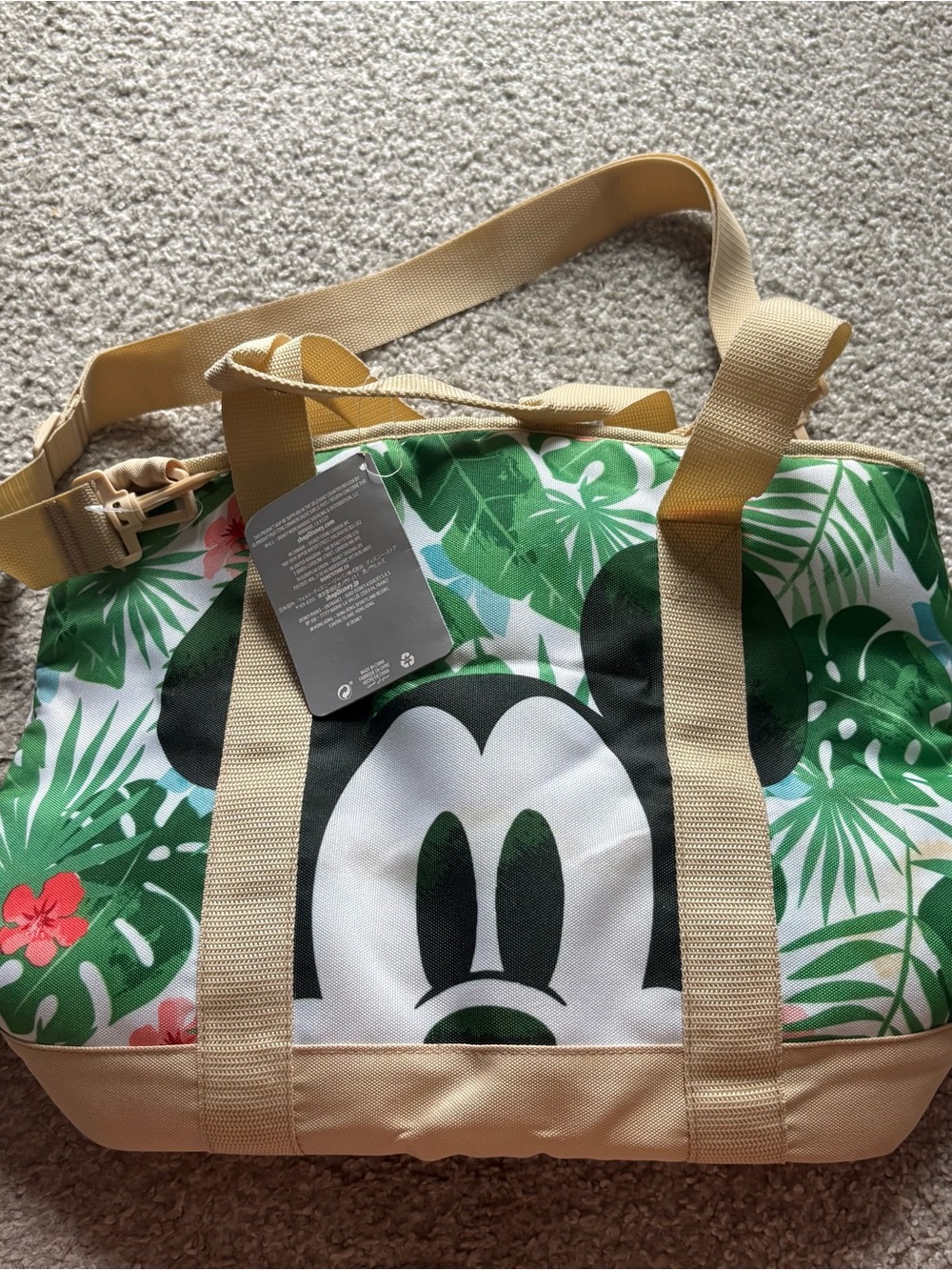 Disney Canvas Cooler Tote Bag Green Tropical Print Tan Straps Cruise Mickey NEW